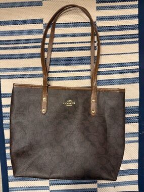 Coach Dark Brown Signature Print Tote with Leather Trim